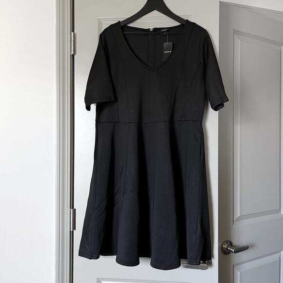 Torrid Fit & Flare Dress - Black Scuba Mini Zip Elbow Sleeve V Neck Plus 2X - Picture 5 of 12
